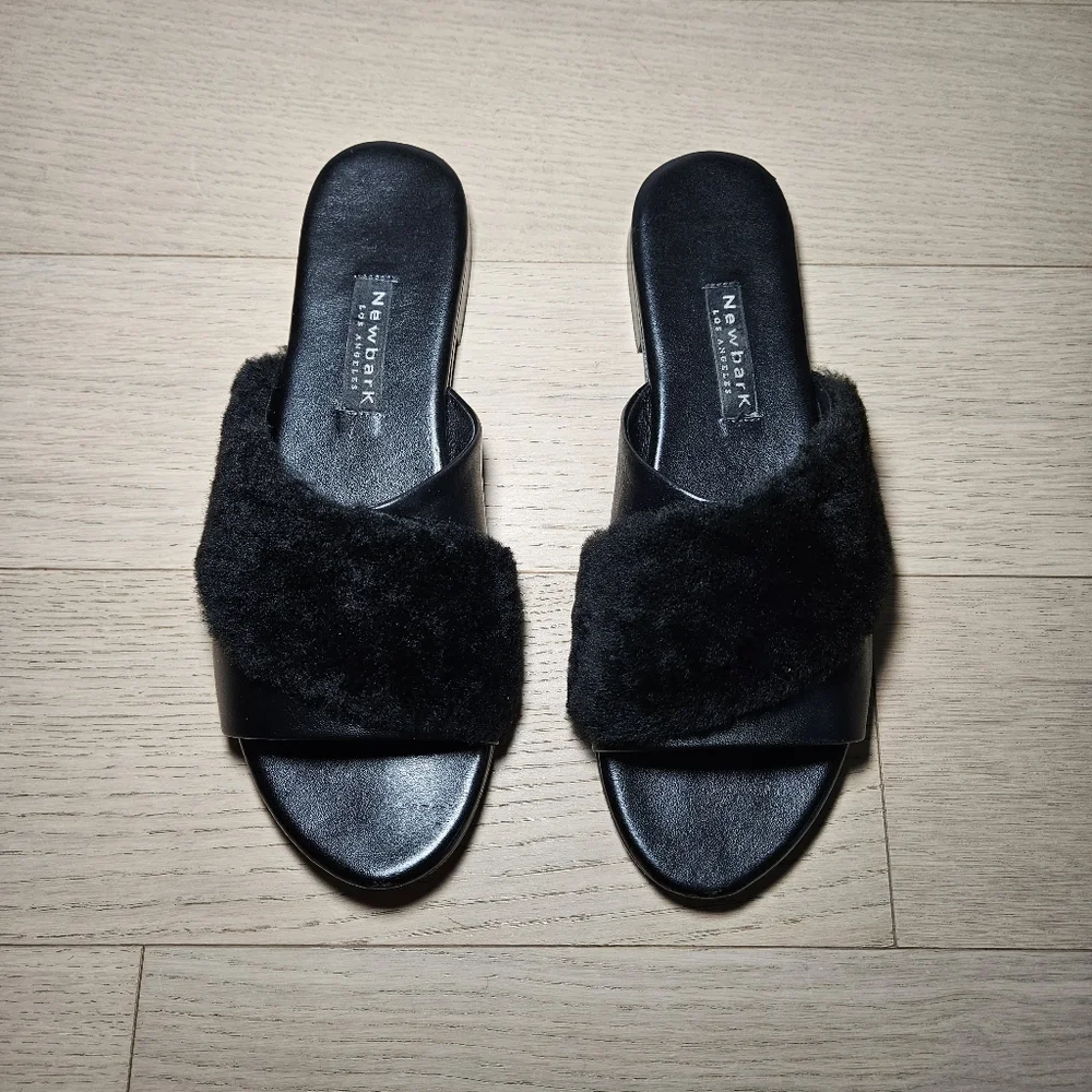 Newbark Women's Size 10 Yasmin Leather Shearling Slide Flat Sandal Black - Picture 4 of 11